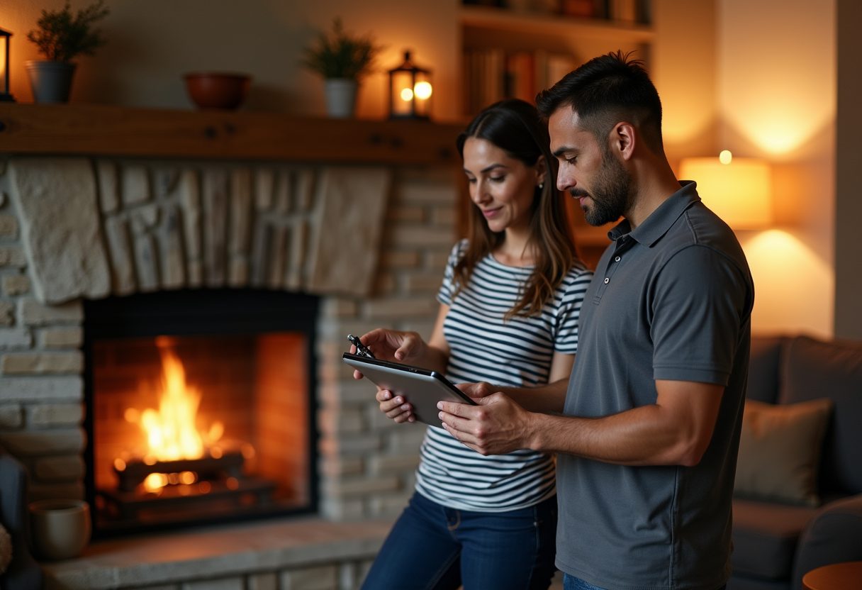 Technician showing a camera inspection beside a stone fireplace — Reston