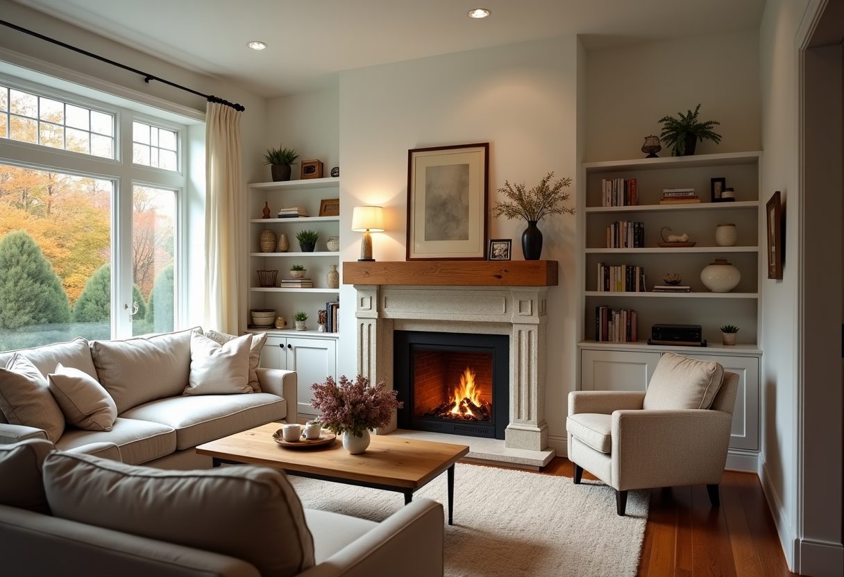 Lit stone fireplace in a bright living room — Reston
